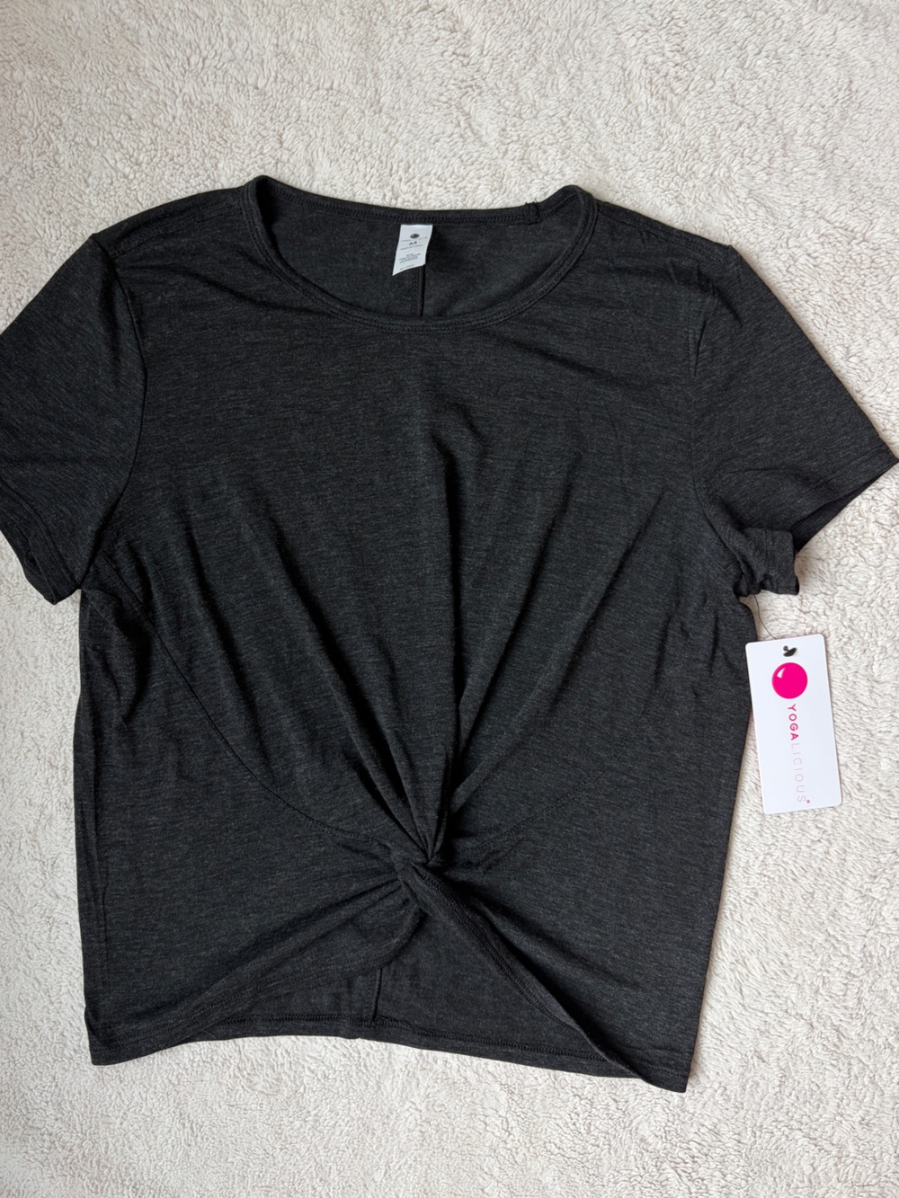 NWT Yogalicious Women's Heathered Black Twist-Front Short Sleeve Active Top Med
